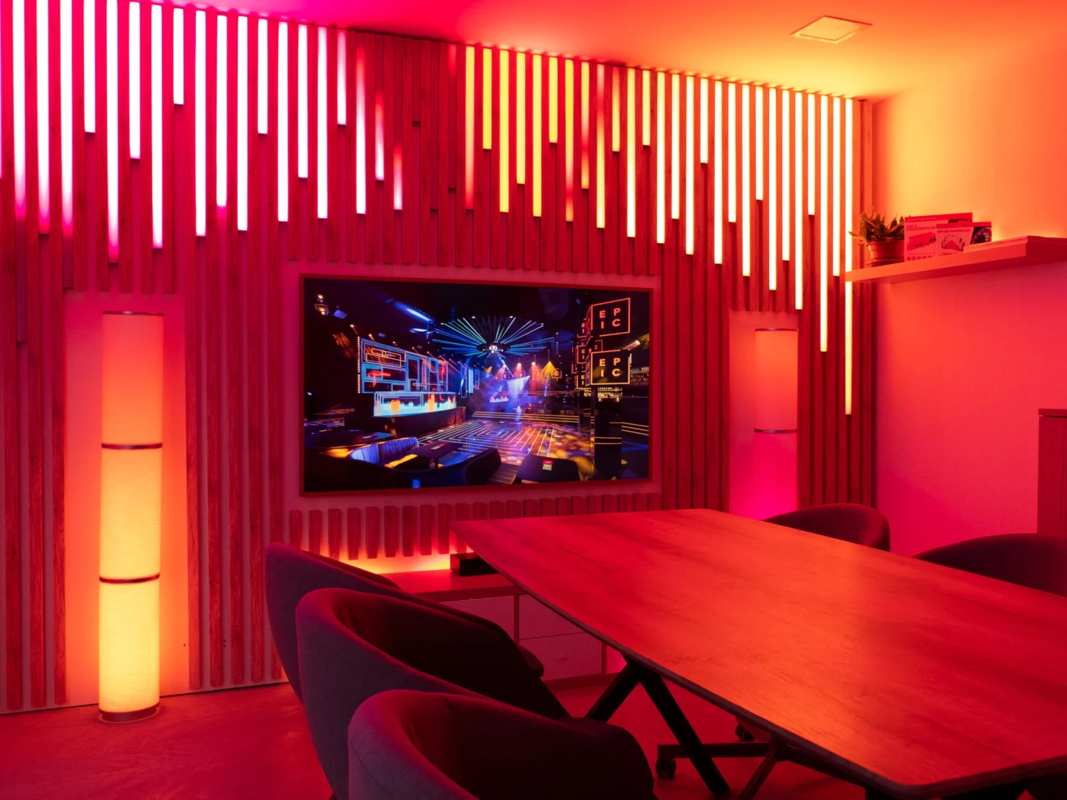 Wooden panels and LED lights in a modern living room