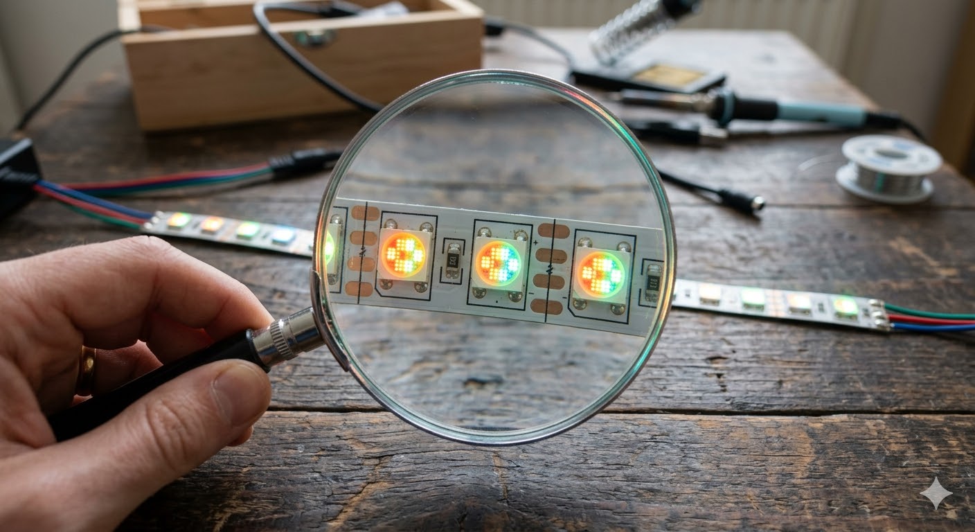 Pixel LED strip inspection under magnifying glass